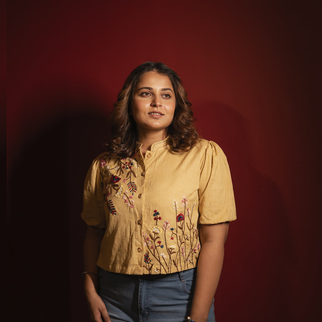 Mustard Floral Hand Embroidered Blouse Shirt