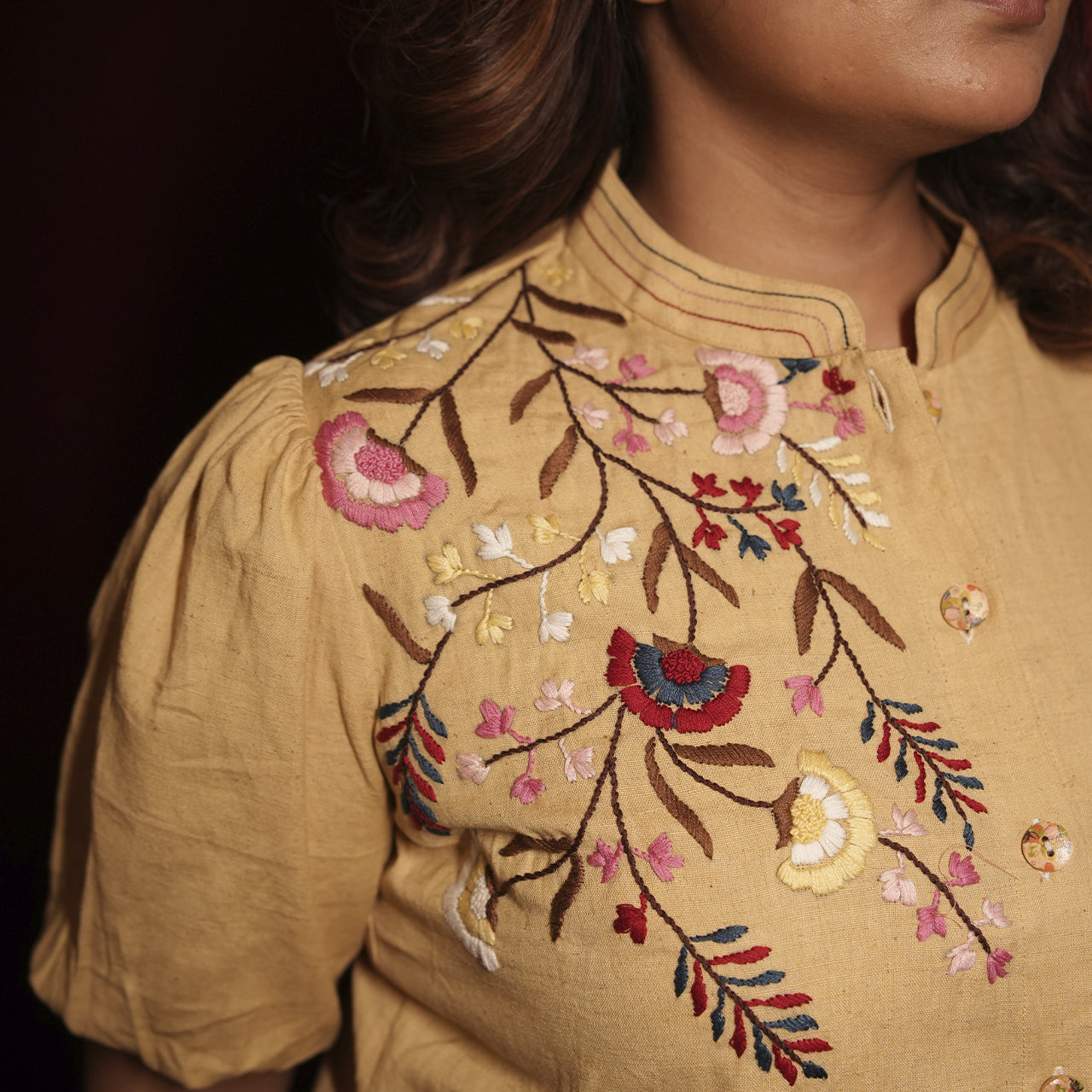 Mustard Floral Hand Embroidered Blouse Shirt