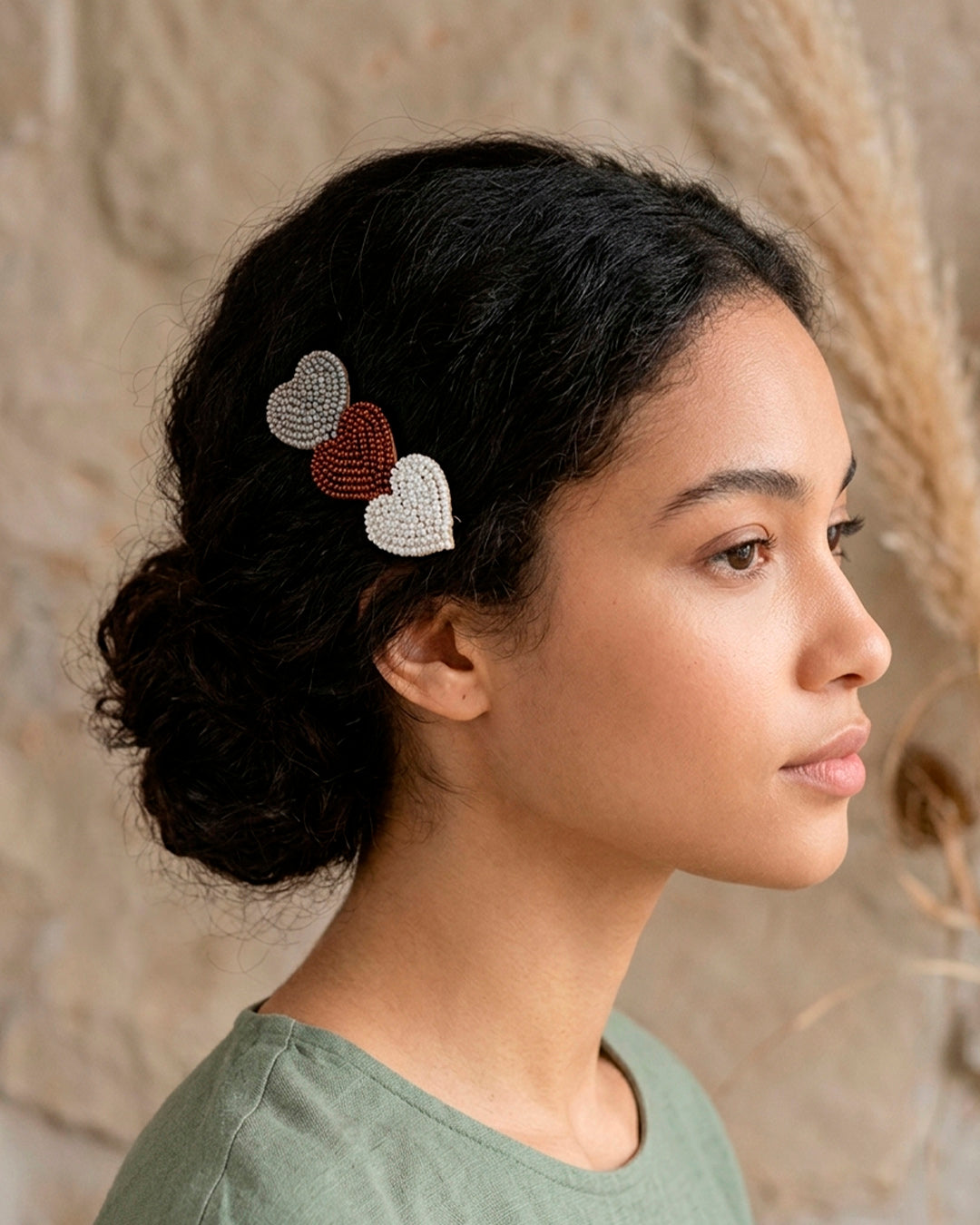 Triple Heart Hair Clip In Grey Brown And White