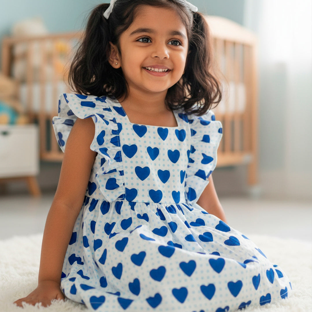 Heart Shape Sleeveless Cotton Frock - Blue