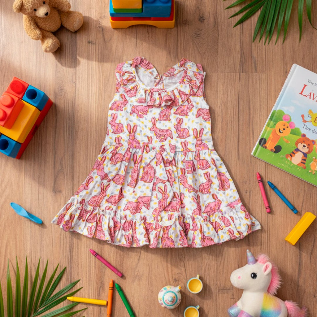 Pink Rabbit Printed Sleeveless Frock