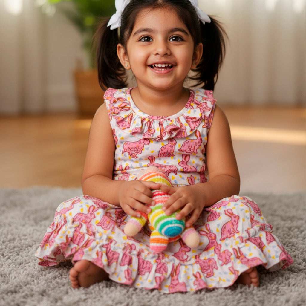 Pink Rabbit Printed Sleeveless Frock