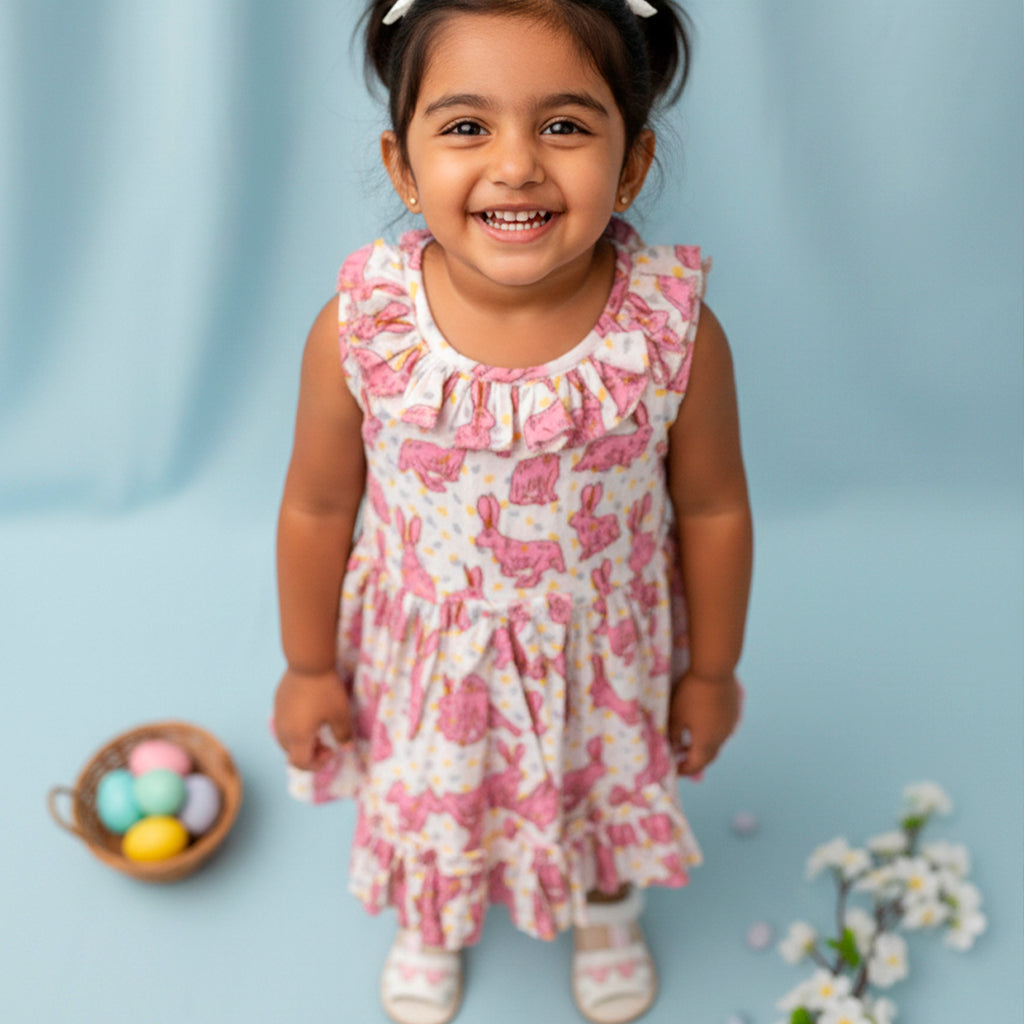 Pink Rabbit Printed Sleeveless Frock