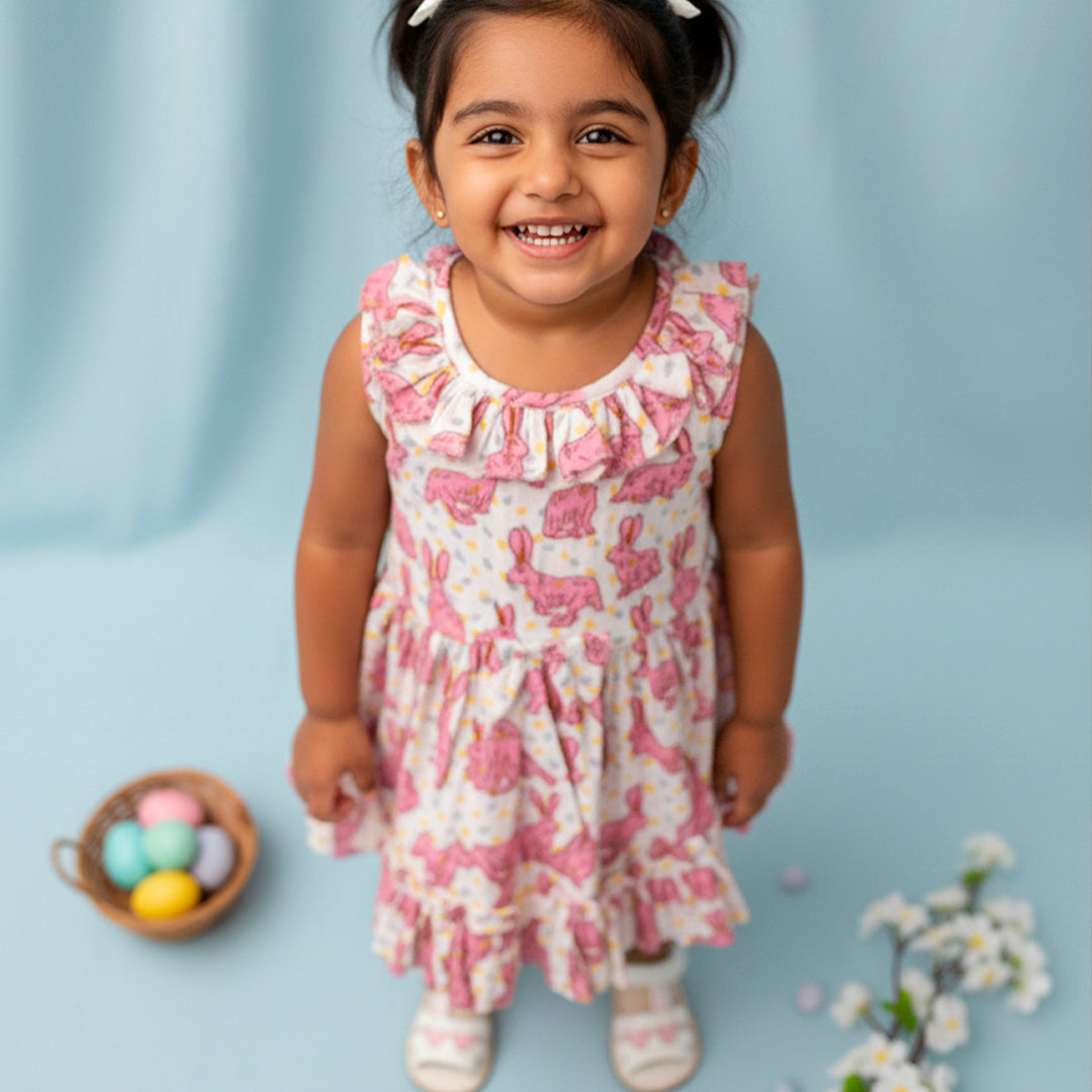 Pink Rabbit Printed Sleeveless Frock
