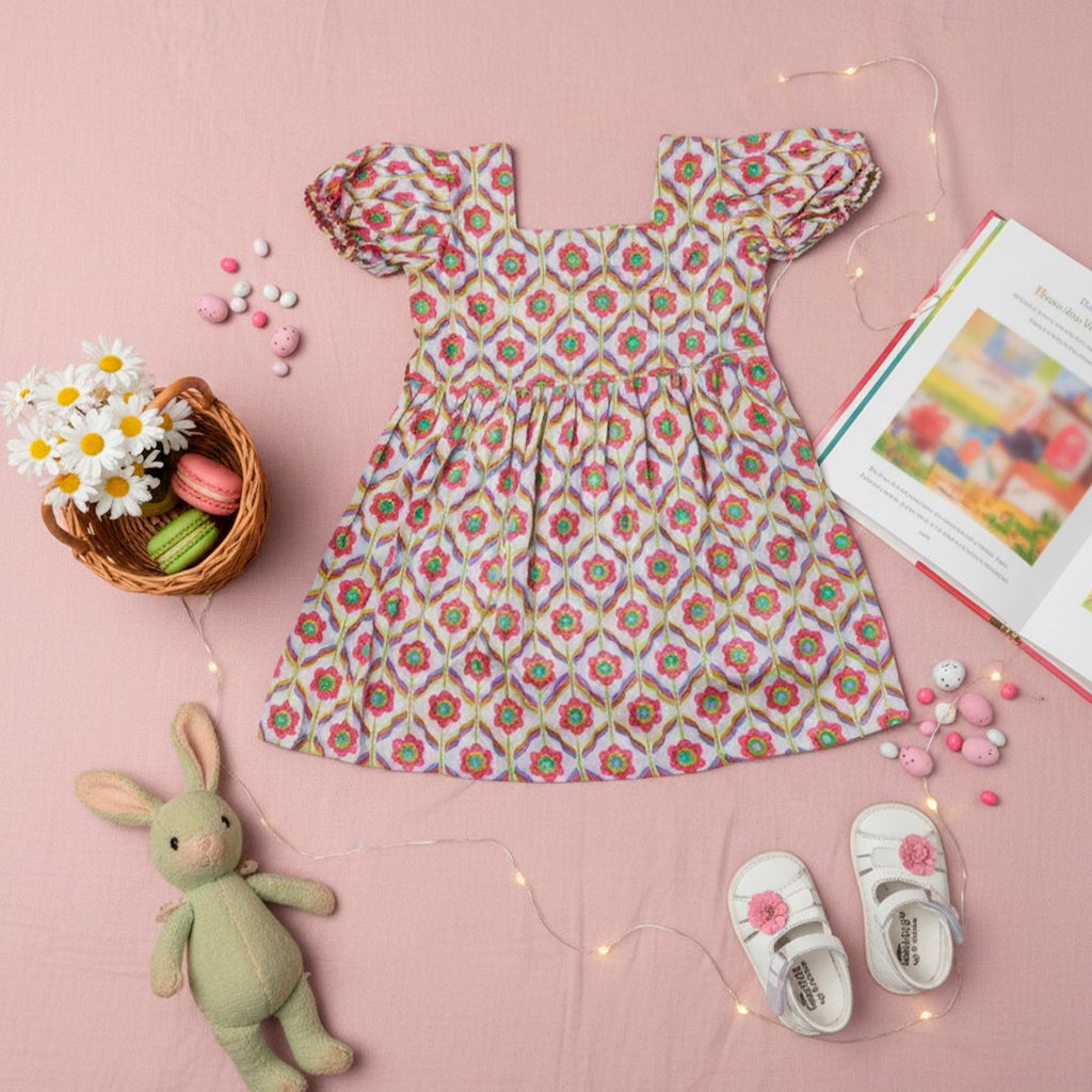 Half Sleeve Cotton Frock - Multi Colour