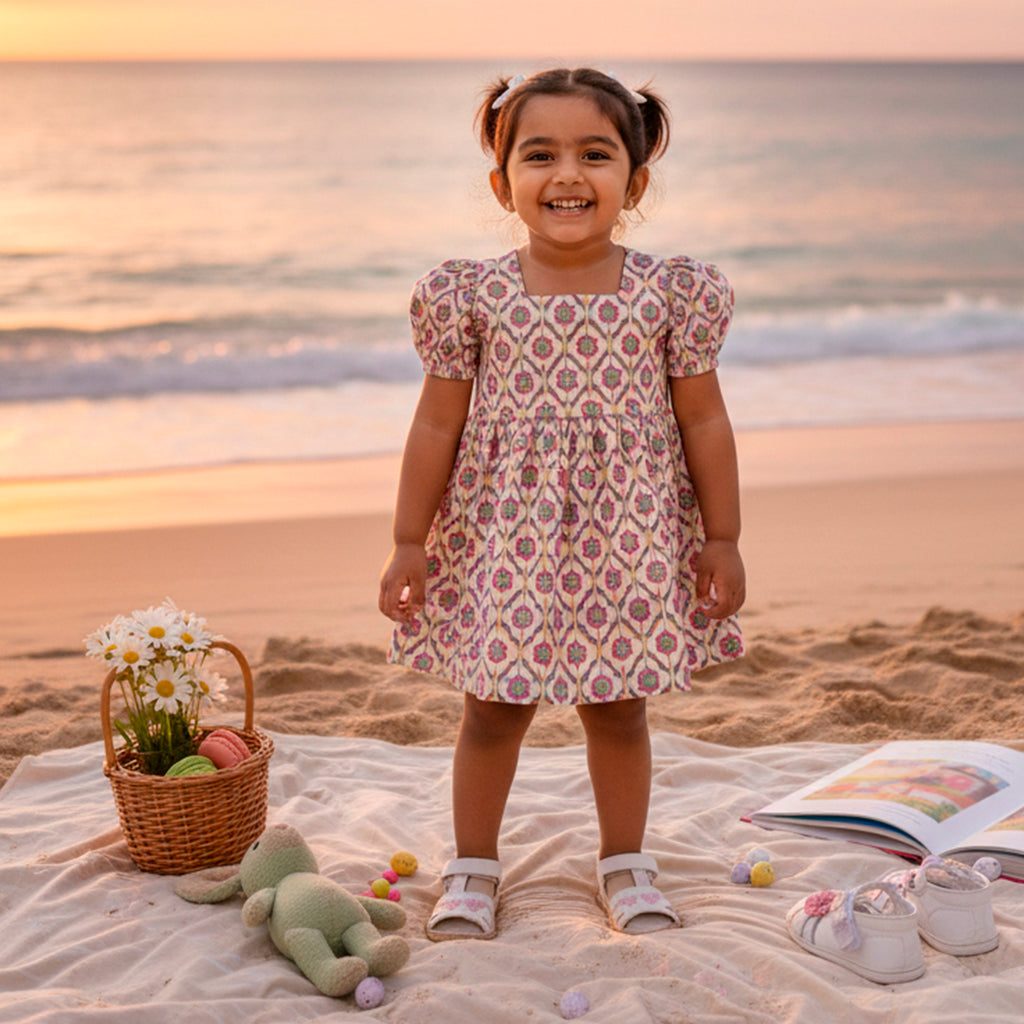 Half Sleeve Cotton Frock - Multi Colour