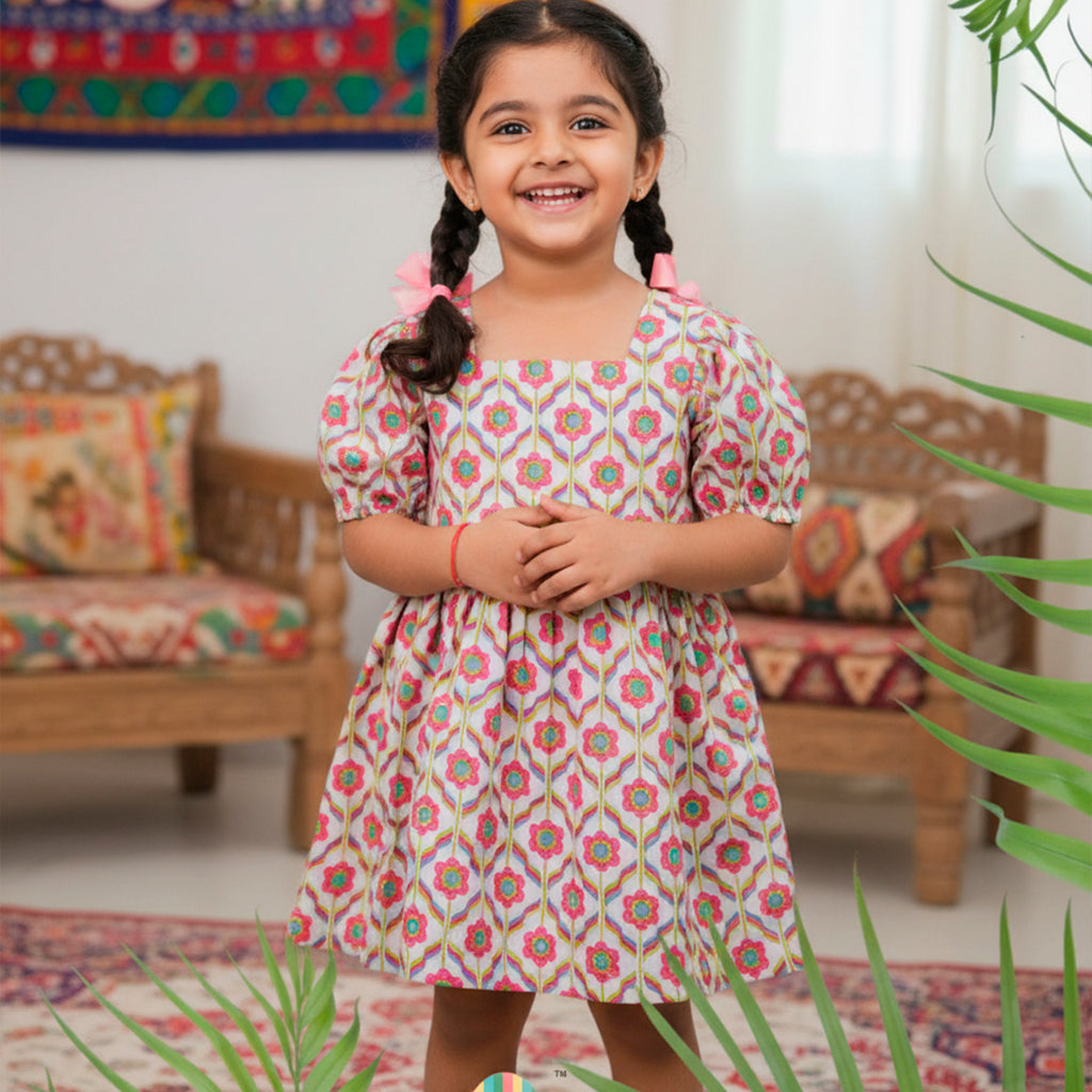 Half Sleeve Cotton Frock - Multi Colour