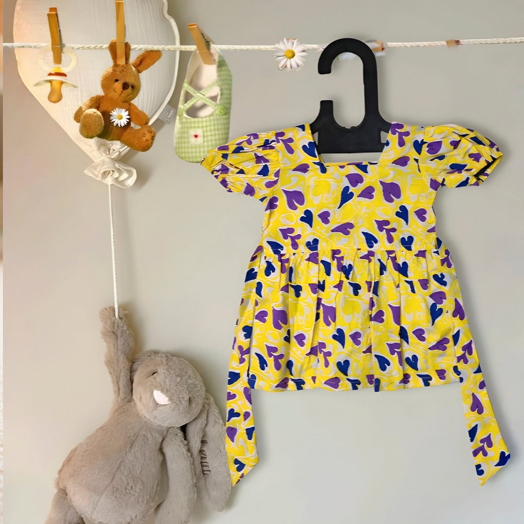 Half Sleeve Cotton Frock- Yellow and Blue