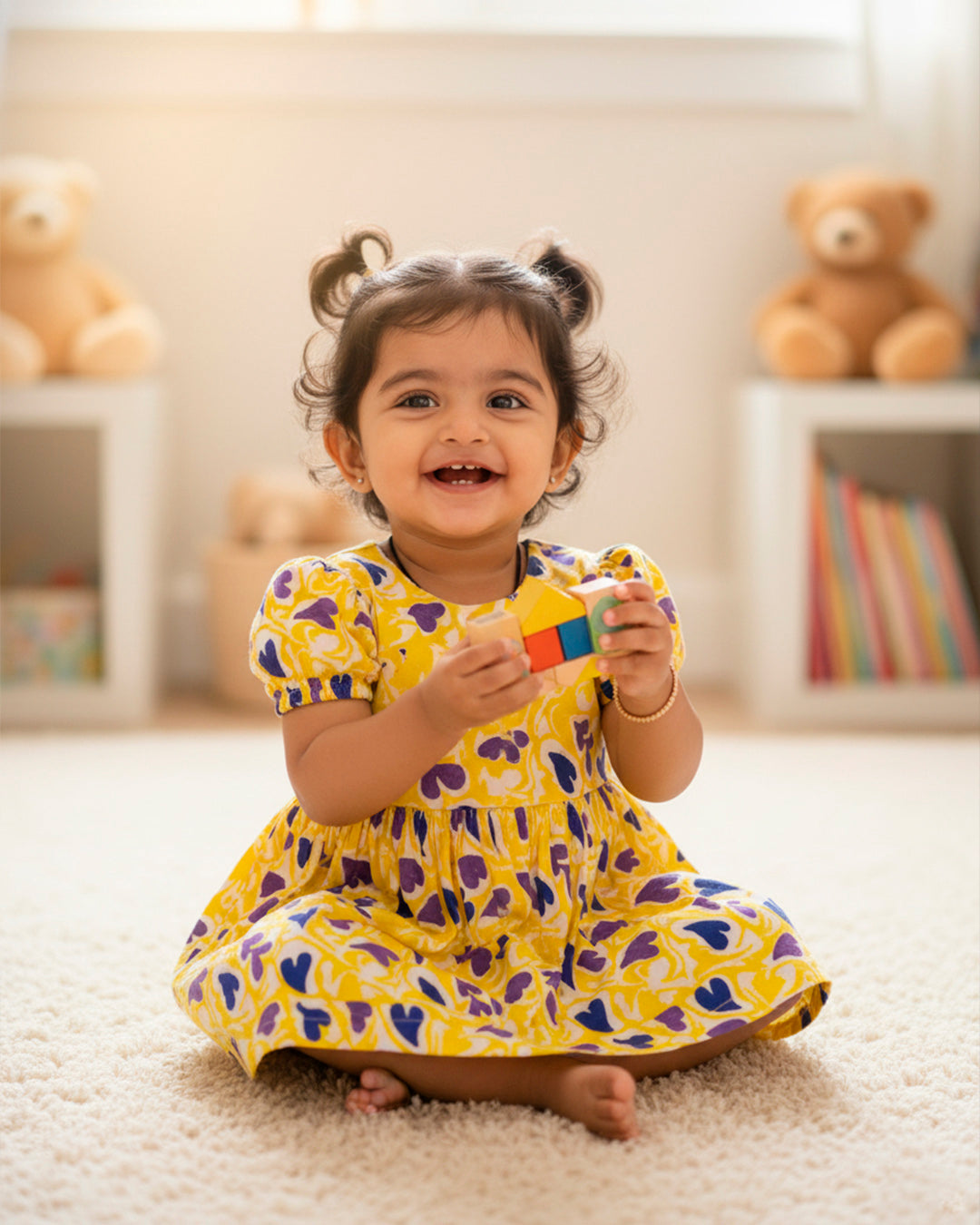Half Sleeve Cotton Frock- Yellow and Blue