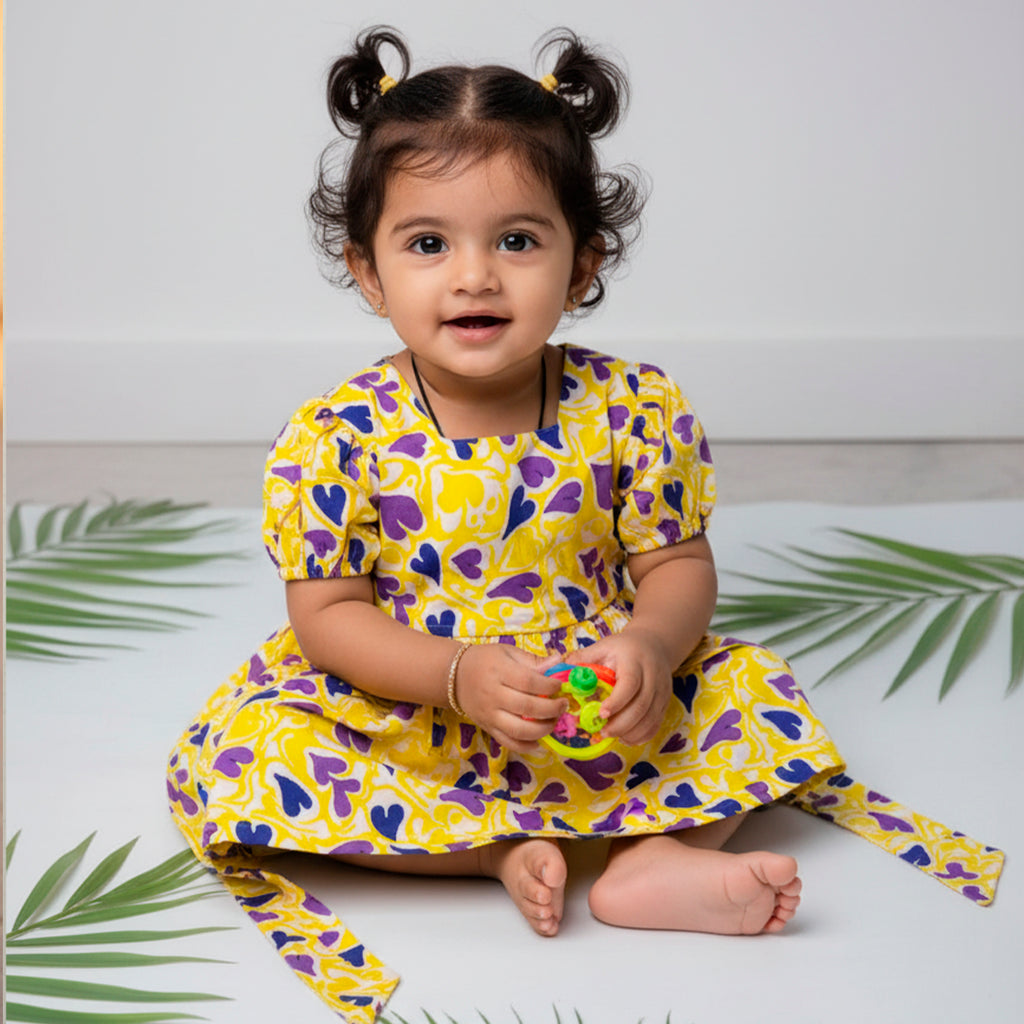 Half Sleeve Cotton Frock- Yellow and Blue