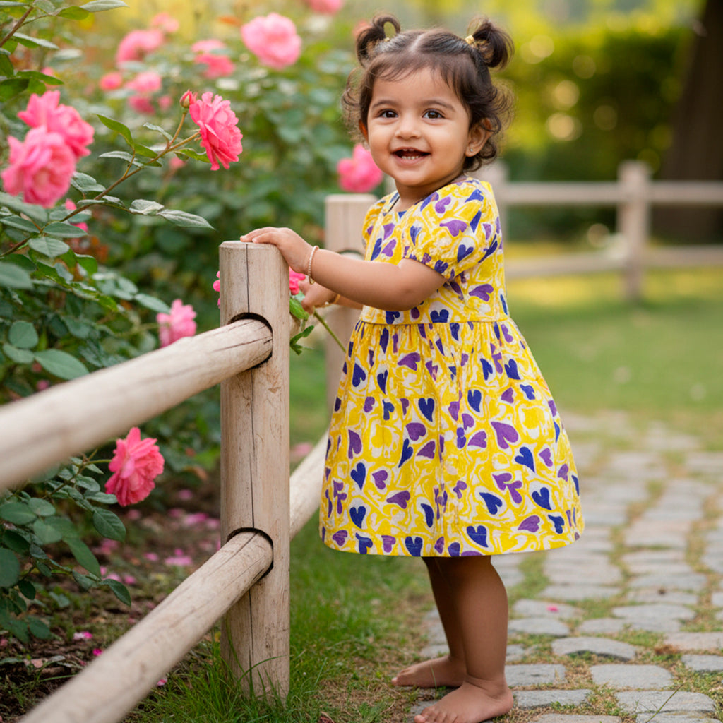 Half Sleeve Cotton Frock- Yellow and Blue