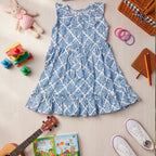 Block Printed Sleeveless Frock - Blue Colour