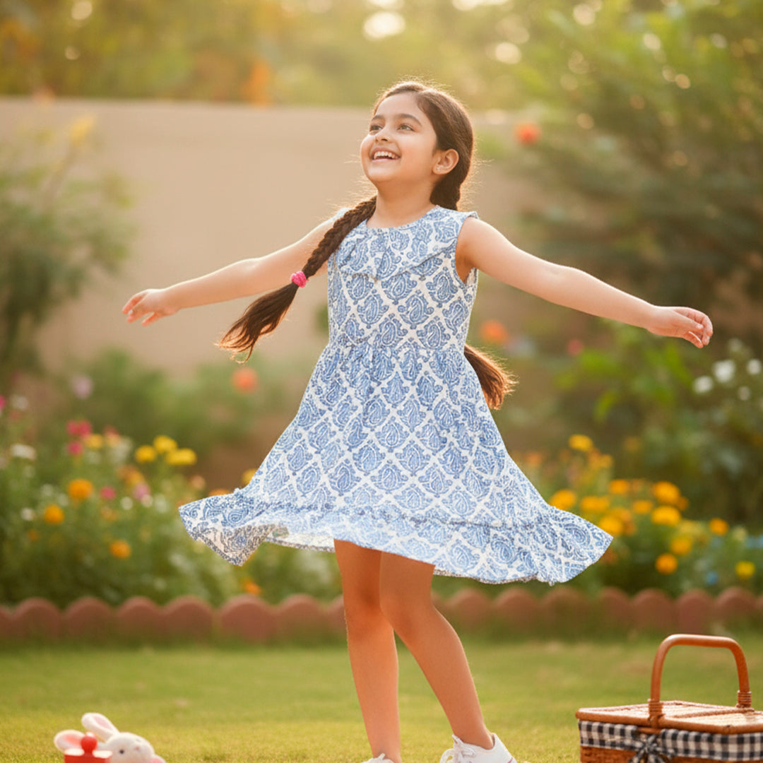 Block Printed Sleeveless Frock - Blue Colour