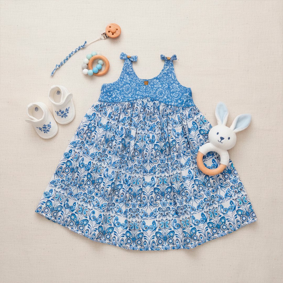 Butterfly Printed Sleeveless Frock - Blue