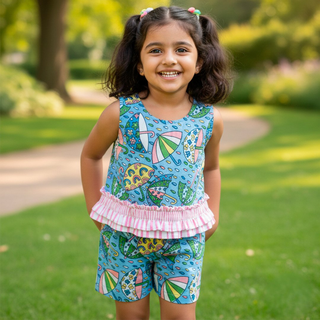 Hand-Block Umbrella Motif Printed Co-Ord Set for Girls