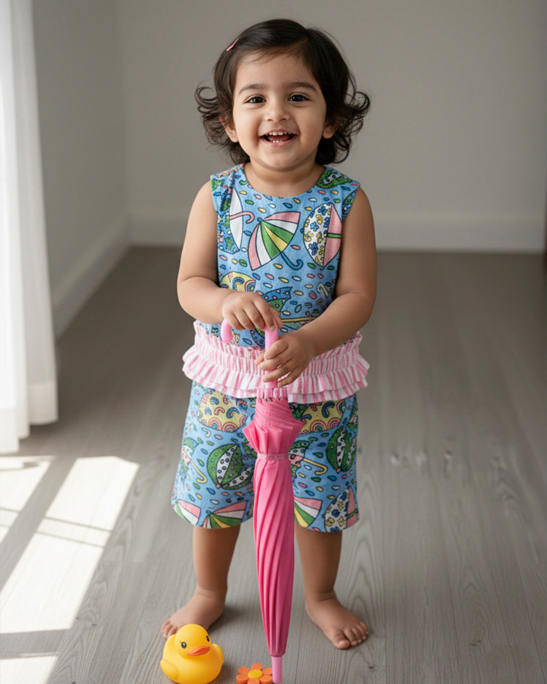 Hand-Block Umbrella Motif Printed Co-Ord Set for Girls