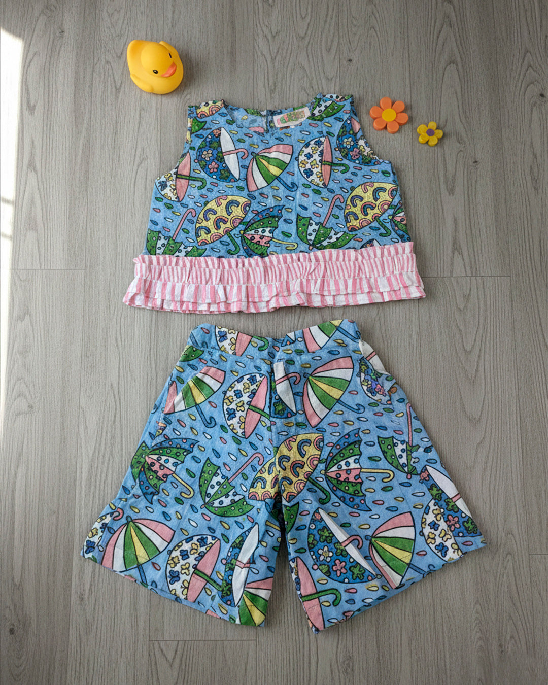 Hand-Block Umbrella Motif Printed Co-Ord Set for Girls