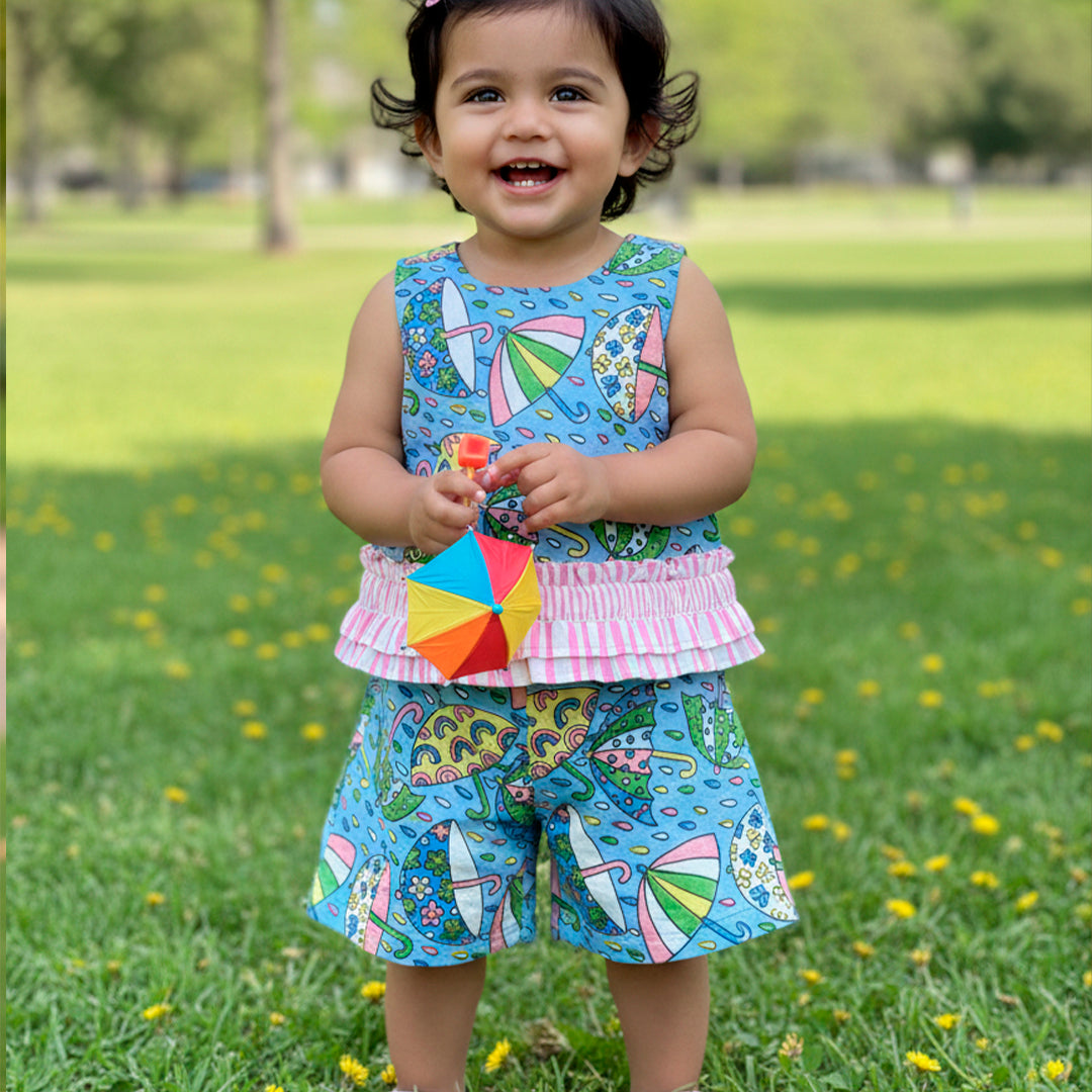 Hand-Block Umbrella Motif Printed Co-Ord Set for Girls