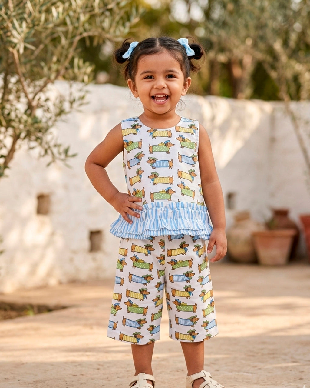 Hand-Block Sausage Dogs Printed Toddler Co-Ord Set for Girls