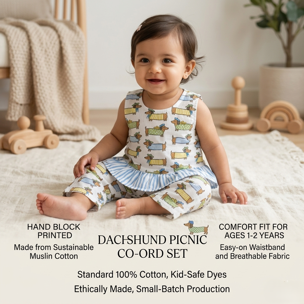 Hand-Block Sausage Dogs Printed Toddler Co-Ord Set for Girls