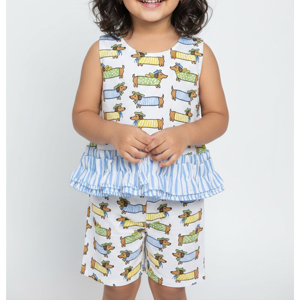 Hand-Block Sausage Dogs Printed Toddler Co-Ord Set for Girls
