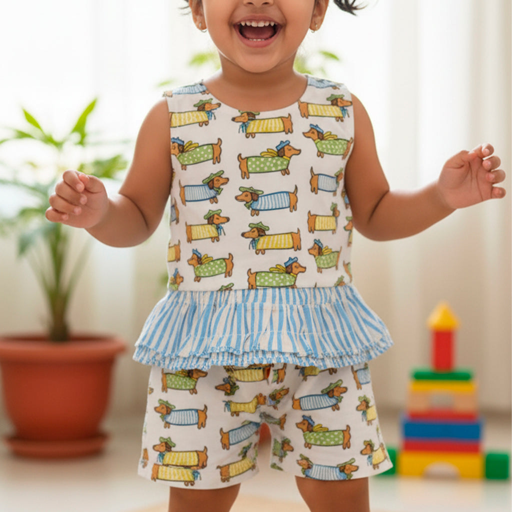 Hand-Block Sausage Dogs Printed Toddler Co-Ord Set for Girls