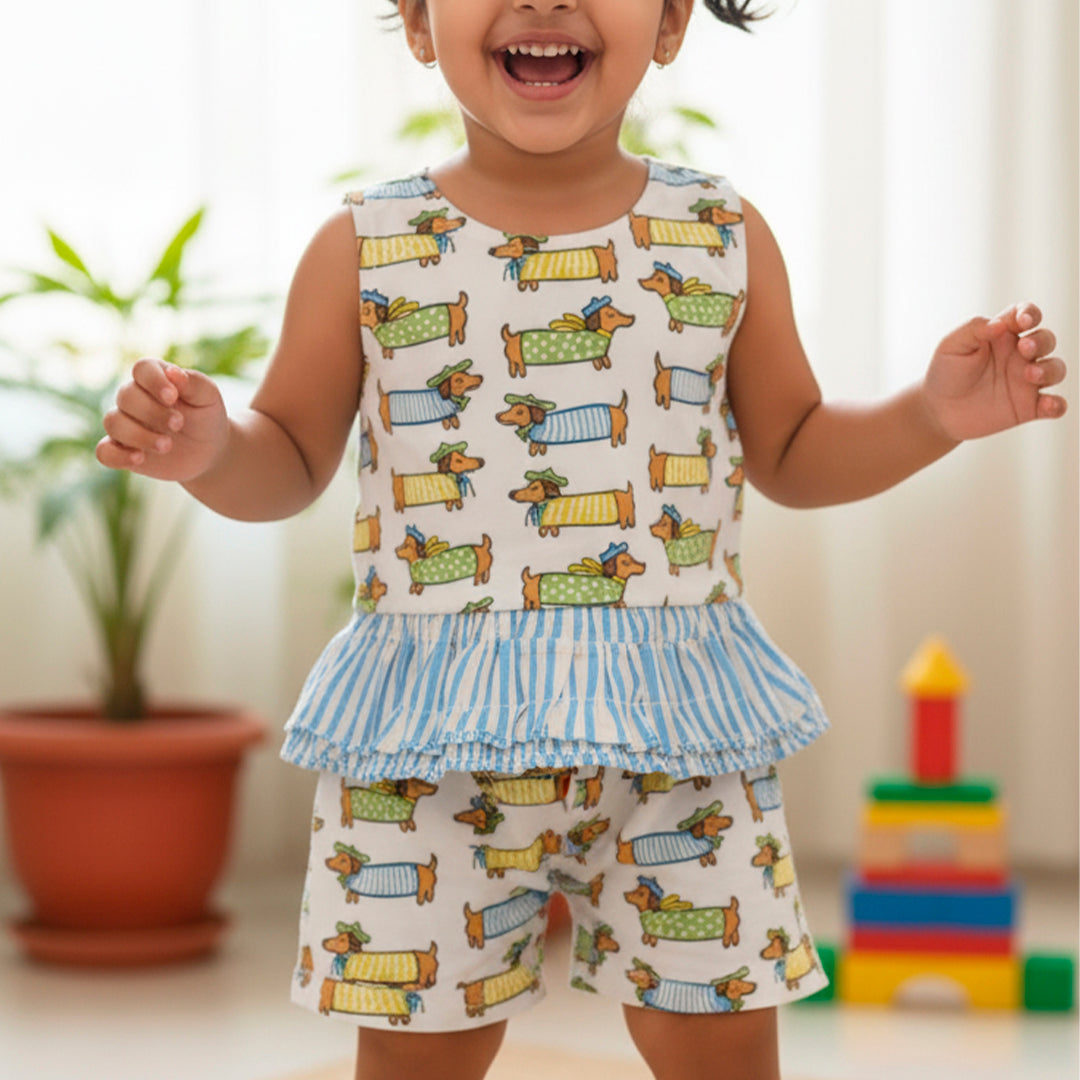 Hand-Block Sausage Dogs Printed Toddler Co-Ord Set for Girls