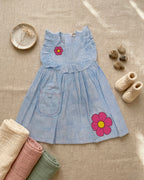 Blue check pink Daisy Flower Applique Frock