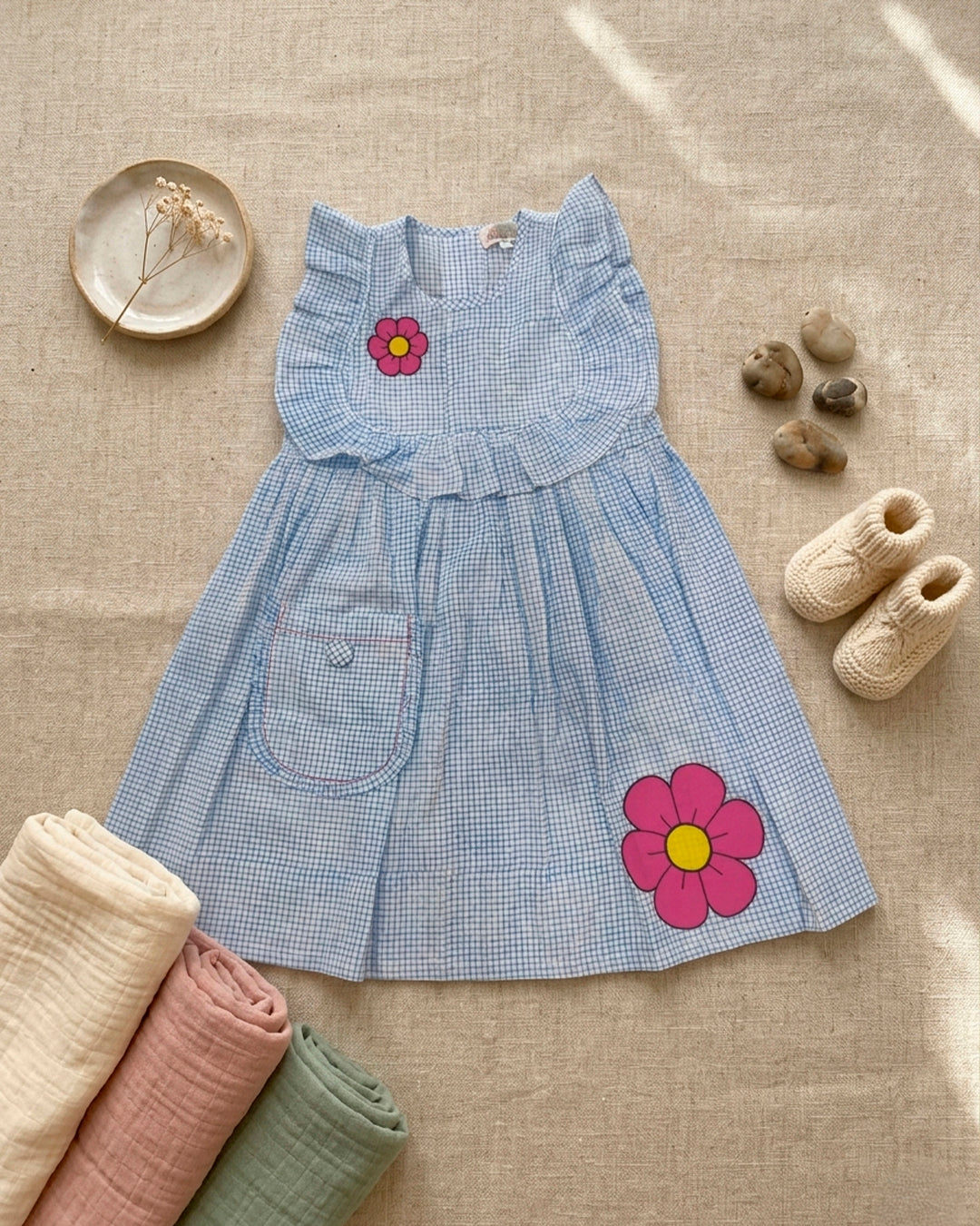 Blue check pink Daisy Flower Applique Frock
