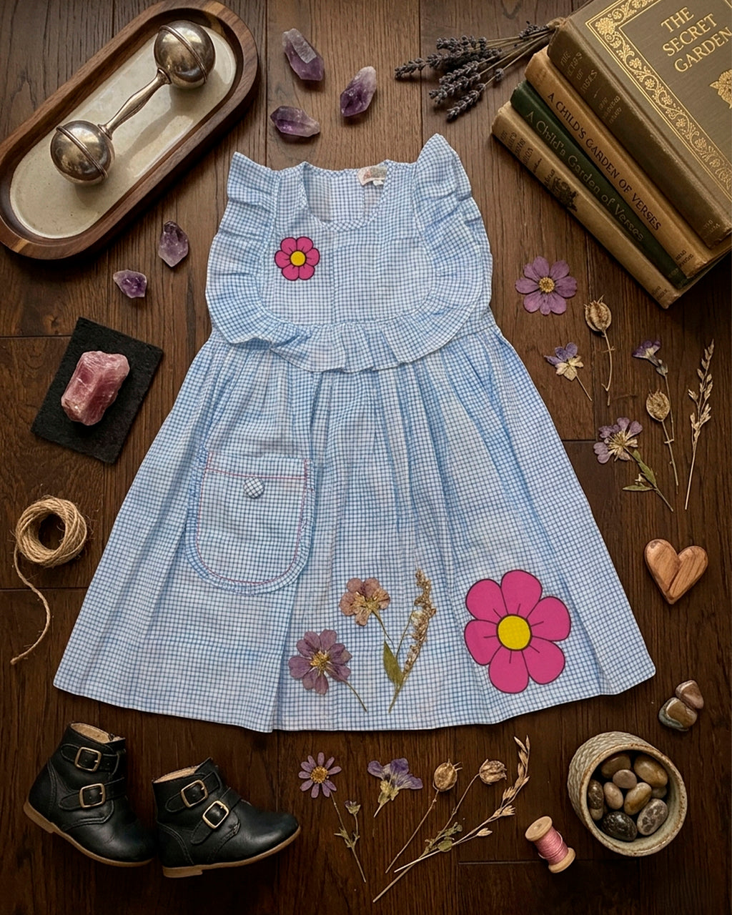 Blue check pink Daisy Flower Applique Frock
