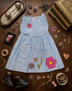 Blue check pink Daisy Flower Applique Frock