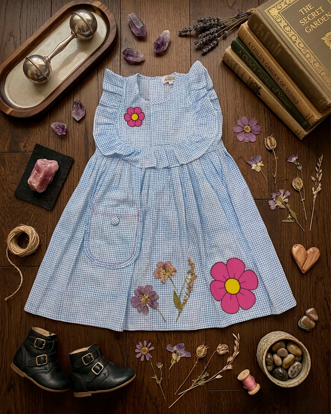 Blue check pink Daisy Flower Applique Frock