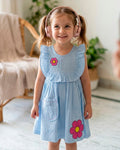 Blue check pink Daisy Flower Applique Frock