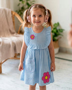 Blue check pink Daisy Flower Applique Frock