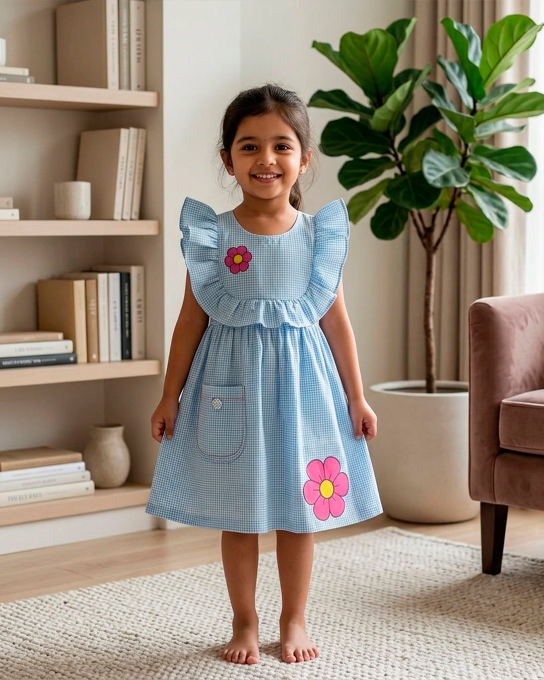 Blue check pink Daisy Flower Applique Frock