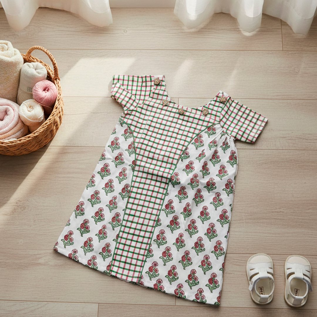 Checks and Floral Print Half Sleeve Frock