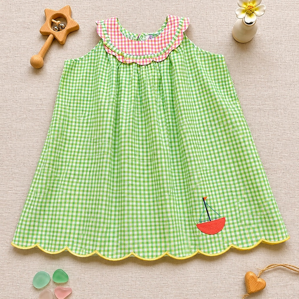 Green Orange checks with Boat Applique
