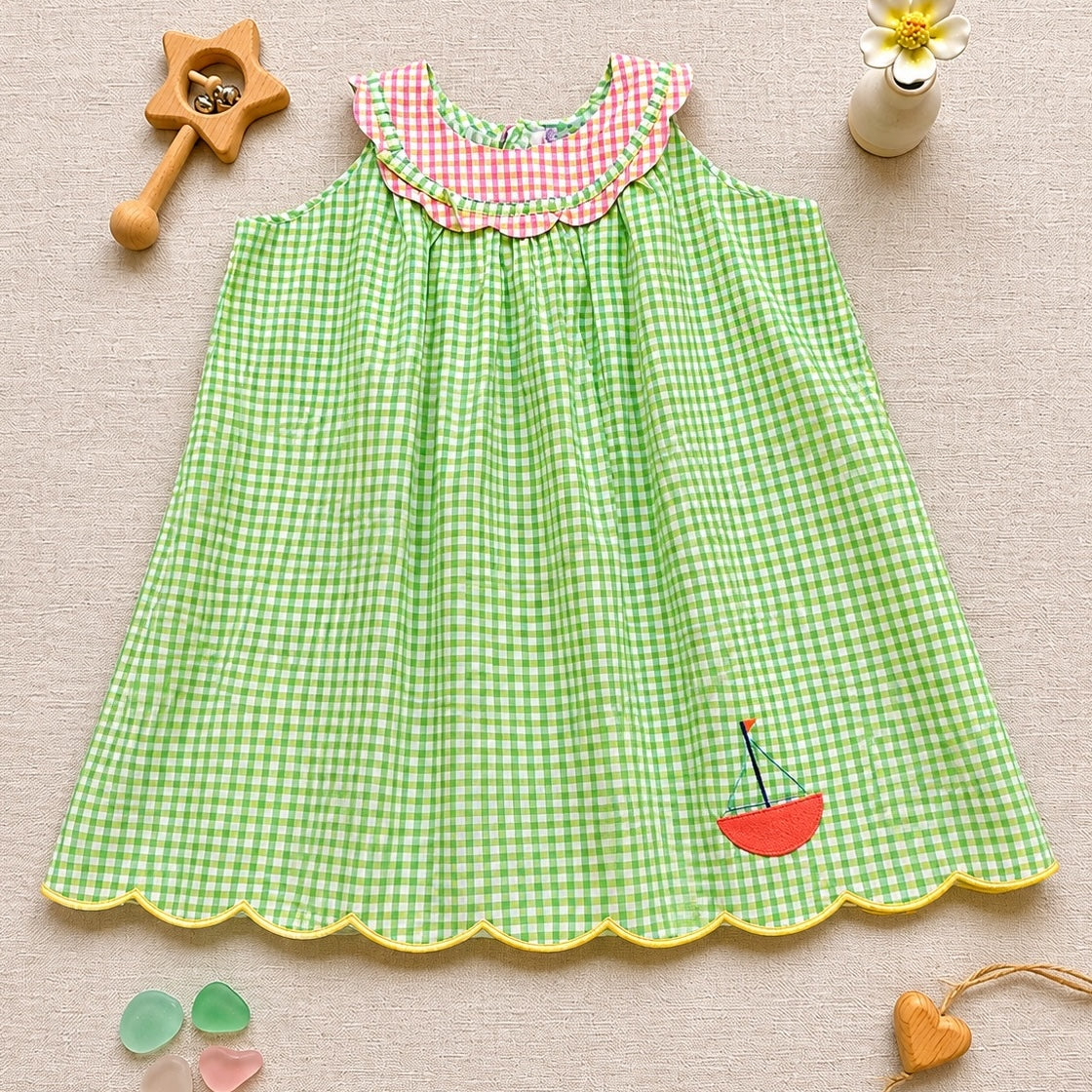 Green Orange checks with Boat Applique