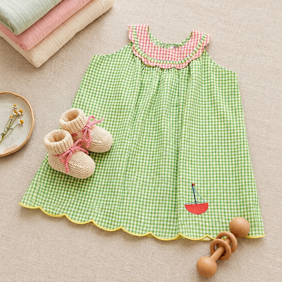 Green Orange checks with Boat Applique