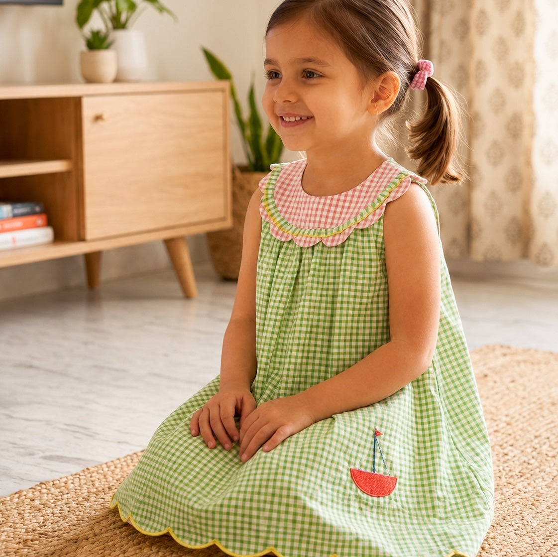 Green Orange checks with Boat Applique