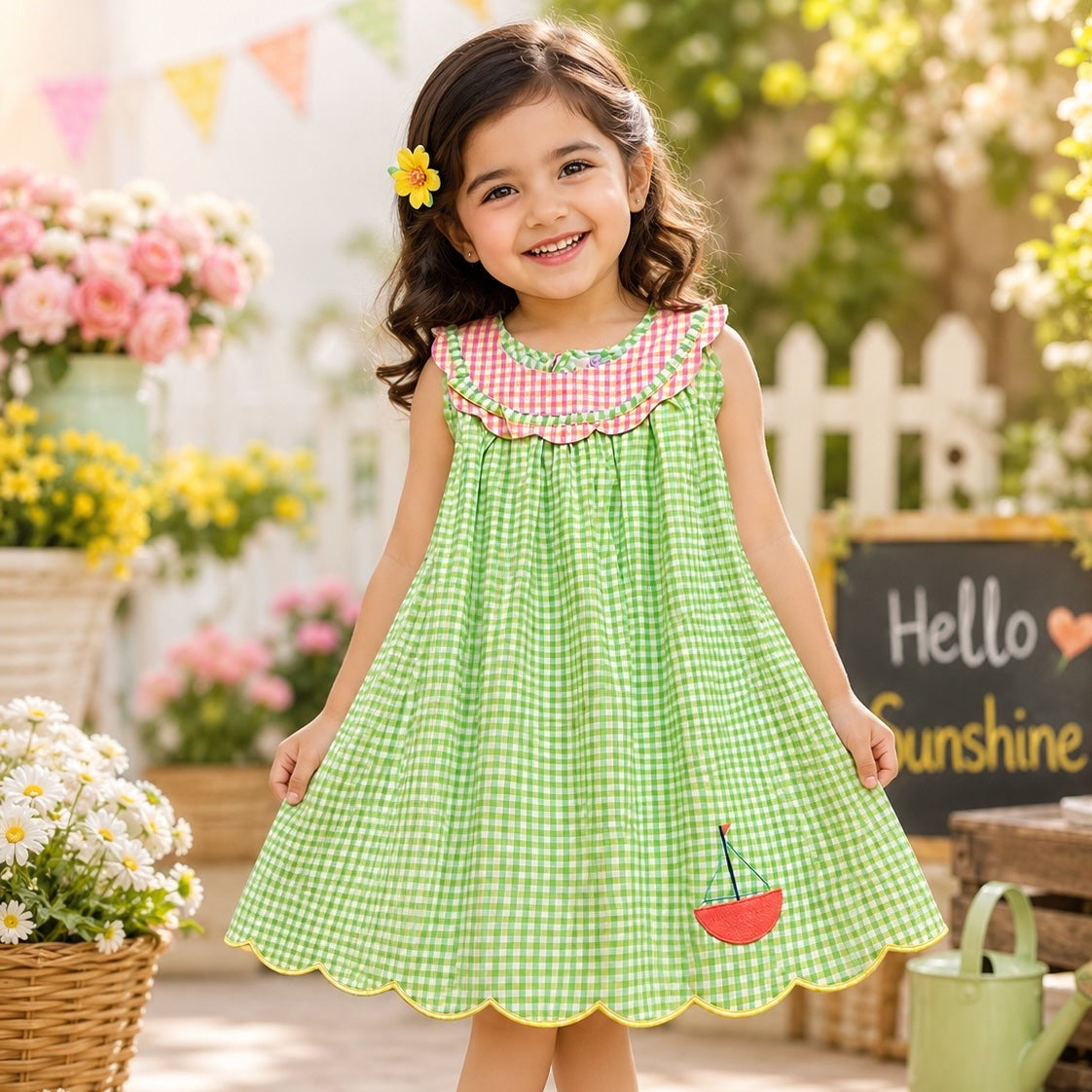 Green Orange checks with Boat Applique