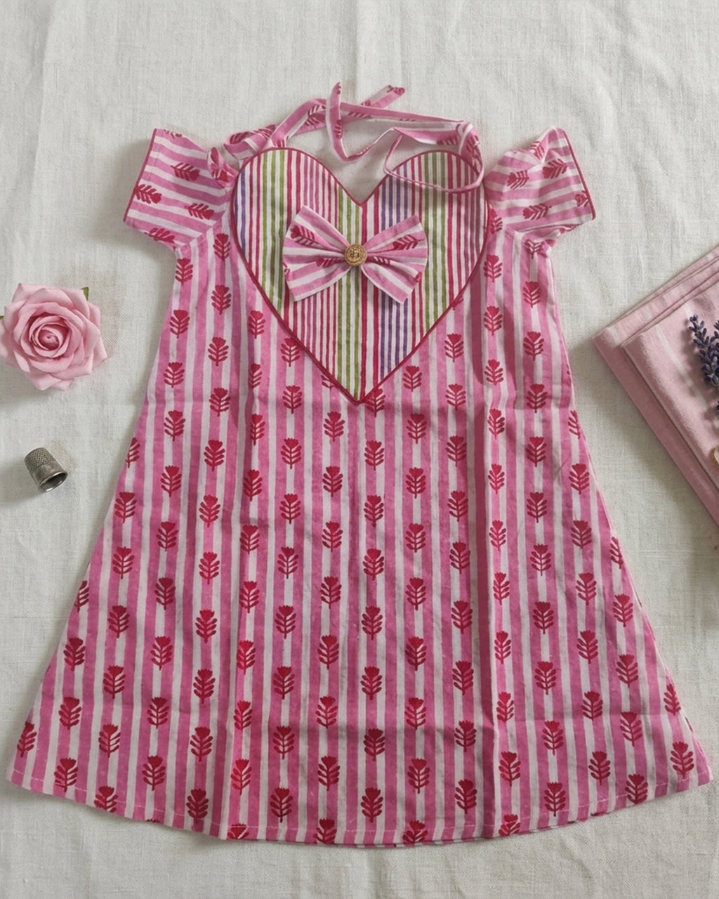Pink And Red Bow Kids Block Printed Summer Frock