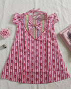 Pink And Red Bow Kids Block Printed Summer Frock