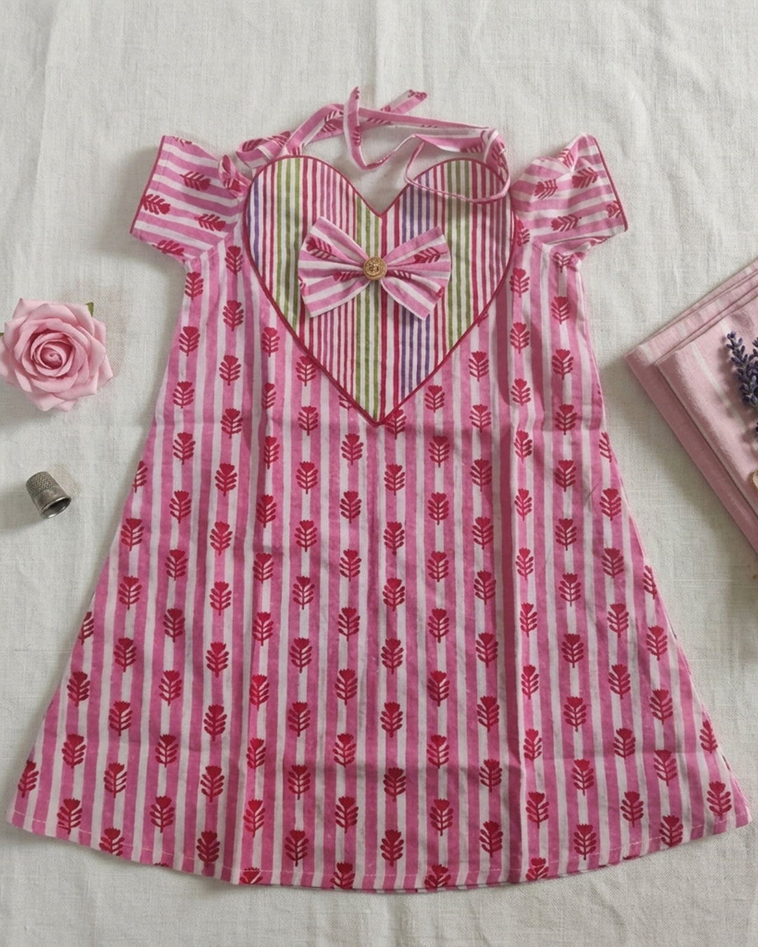 Pink And Red Bow Kids Block Printed Summer Frock