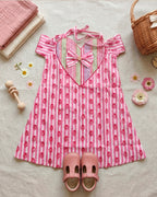Pink And Red Bow Kids Block Printed Summer Frock
