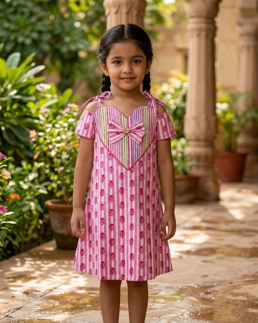 Pink And Red Bow Kids Block Printed Summer Frock