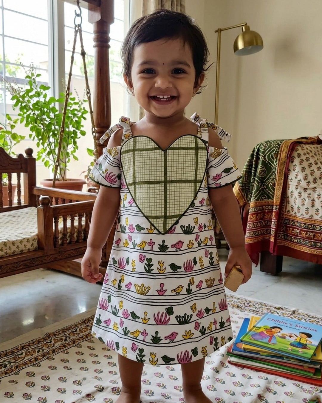 Green And Pink Bird Print Summer Frock with Bow