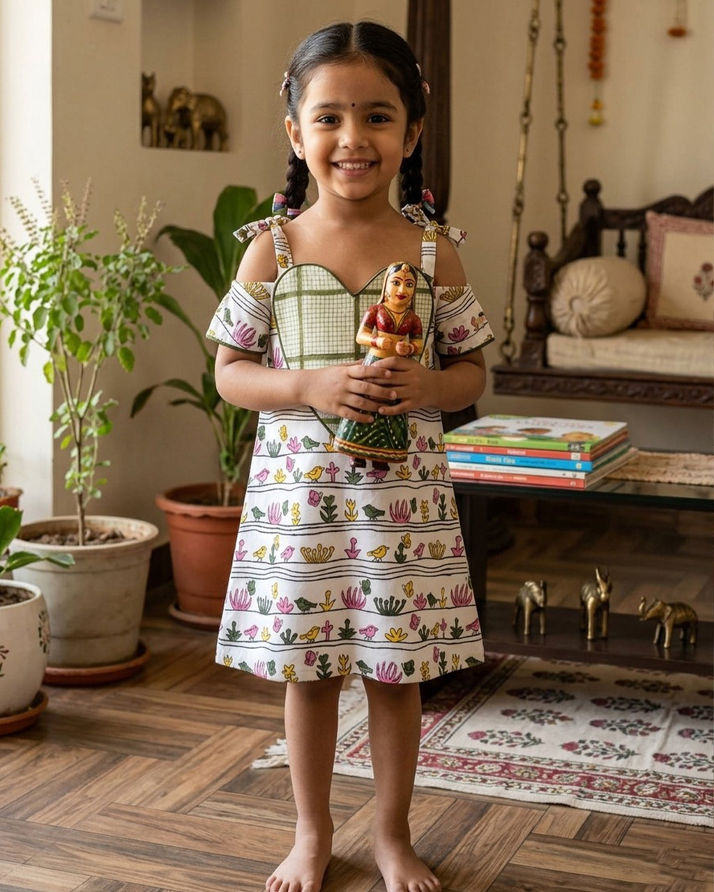 Green And Pink Bird Print Summer Frock with Bow