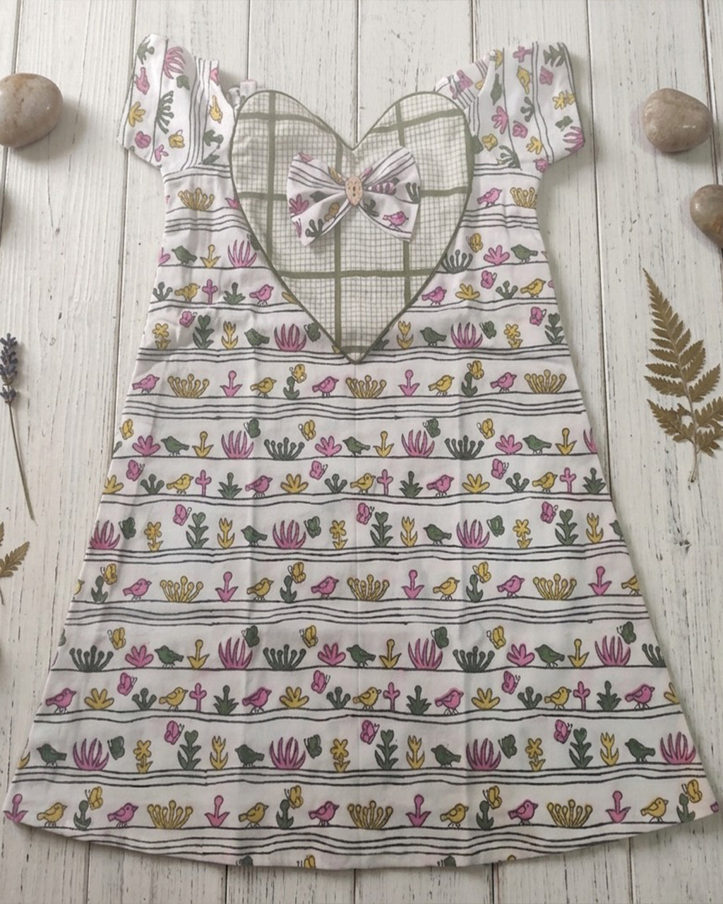 Green And Pink Bird Print Summer Frock with Bow
