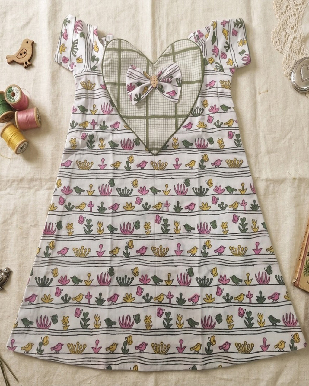 Green And Pink Bird Print Summer Frock with Bow